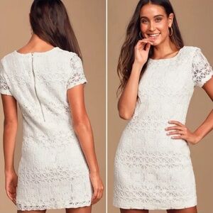 Lulus Love You For Eternity White Lace Shift Dress Short Sleeve Mini | Small